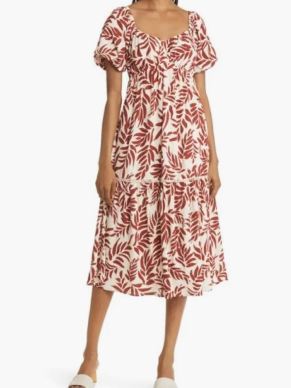 Lost + Wander Hydra Springs Leaf Print Midi Dress Natural/Rust medium